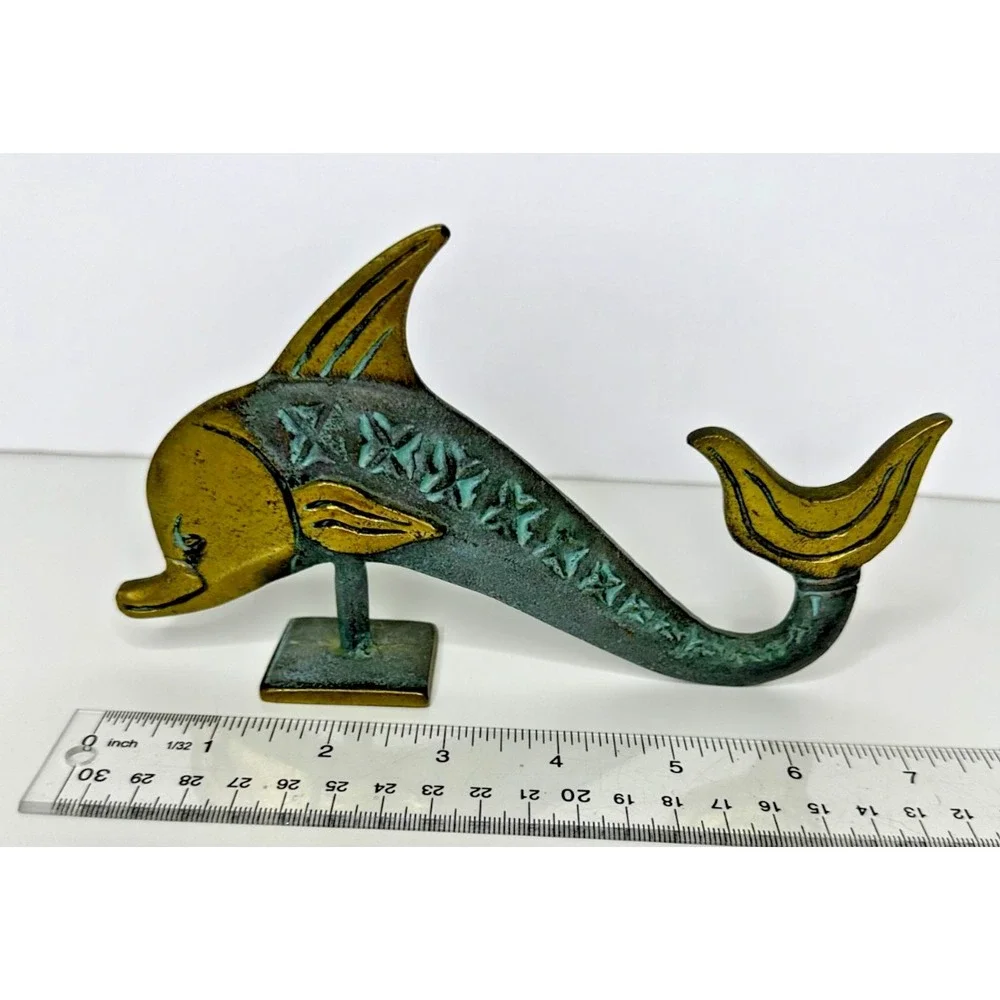 Brass Dolphin Figure Table Top Polished Patina textured Solid Marine Beach Coast